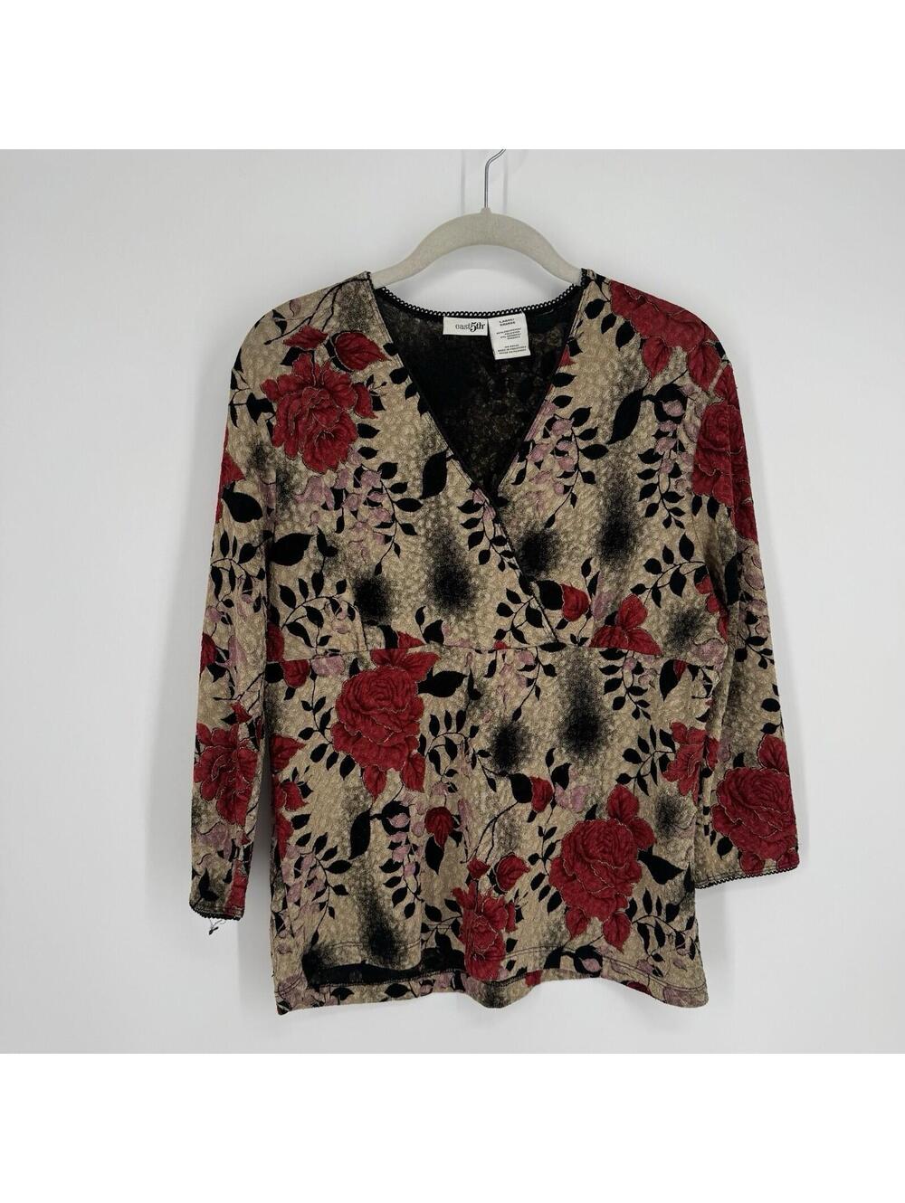 Vintage 90s y2k East 5th top large L faux wrap dark floral shirt grunge forest